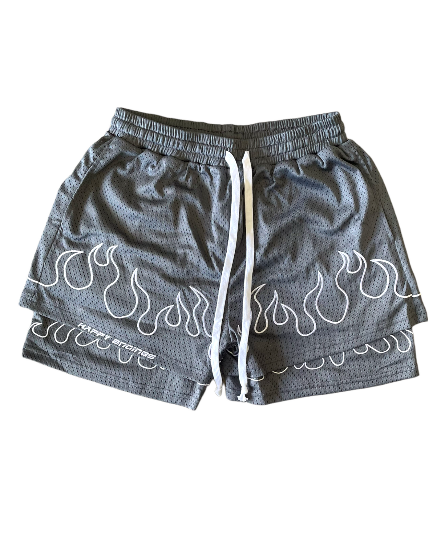 GRAY FLAME MESH SHORTS