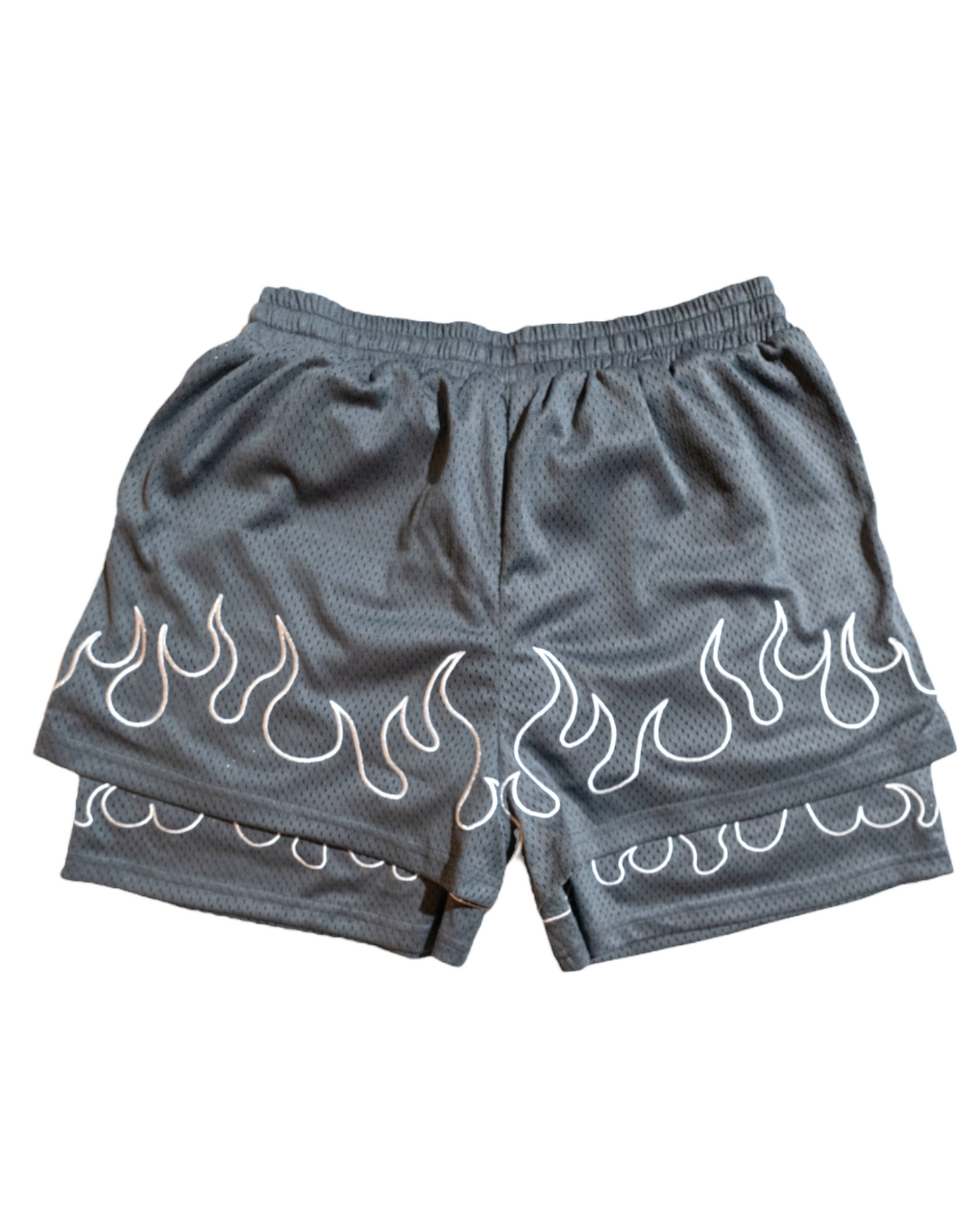 GRAY FLAME MESH SHORTS