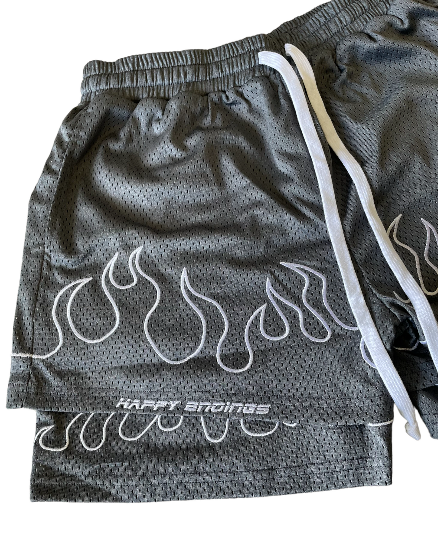 GRAY FLAME MESH SHORTS